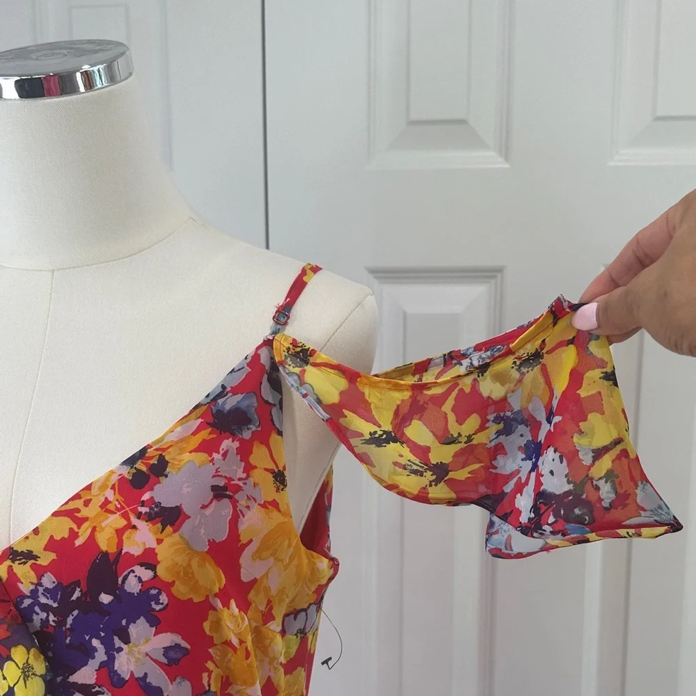 Lulus Ruby Red One Shoulder Boho Wedding Guest Floral Vacation Maxi Dress Size M - Picture 5 of 17